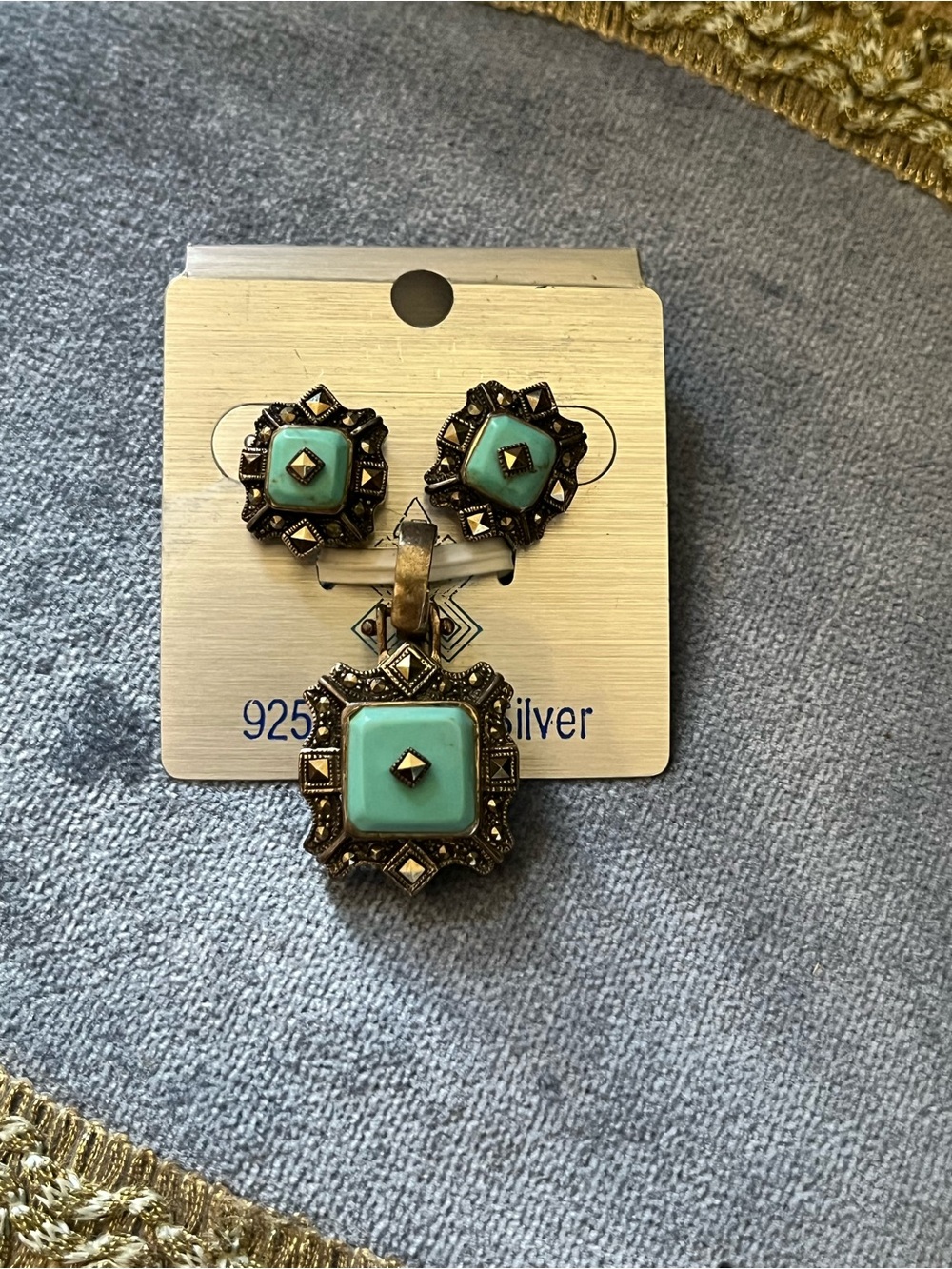 Sterling Silver Turquoise Square Pendant & Stud Earring Set
